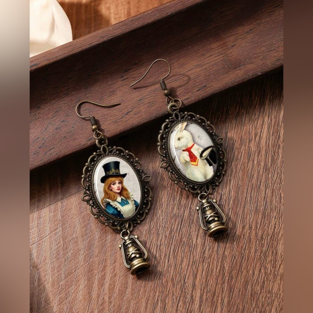 Vintage Bronze Alice in Wonderland Earrings
